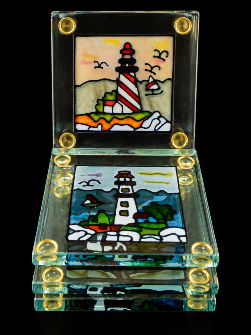 Set Of 4 Stained Glass Lighthouse Designs Coasters Dining Barware Nautical